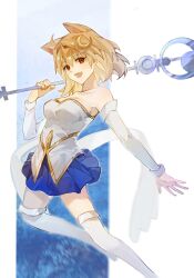 Rule 34 | 1girl, :d, animal ears, arcueid brunestud, blonde hair, blue background, blue skirt, breasts, brinbow liii, cleavage, commentary request, crescent, crescent hat ornament, detached sleeves, feet out of frame, hat ornament, highres, holding, holding staff, looking at viewer, medium breasts, open mouth, red eyes, short hair, skirt, smile, solo, staff, thighhighs, tsukihime, white thighhighs