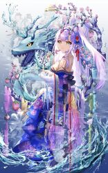Rule 34 | 1girl, absurdres, black sclera, blue kimono, branch, chinese zodiac, closed mouth, colored sclera, commentary request, dragon, dragon girl, dragon horns, dragon tail, earrings, eastern dragon, floral print, flower, food, fruit, highres, horns, japanese clothes, jeweled branch of hourai, jewelry, kimono, long hair, long sleeves, looking at viewer, original, peach, pink flower, print kimono, purple hair, sharp teeth, sitting, smile, solo, tail, teeth, tree, very long hair, water, werewolf kg, wide sleeves, year of the dragon, yellow eyes