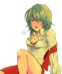 Rule 34 | 1girl, arm support, bad id, bad pixiv id, black bra, blush, bra, breasts, breath, charin, cleavage, female focus, green hair, hair over one eye, kazami yuuka, lace, lace-trimmed bra, lace trim, lingerie, medium breasts, off shoulder, open clothes, open mouth, open shirt, plaid, plaid skirt, plaid vest, red eyes, saliva, shirt, short hair, simple background, sitting, skirt, skirt set, solo, touhou, underwear, vest, white background