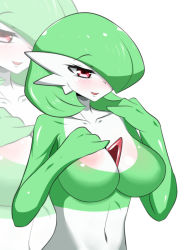 Rule 34 | 1girl, alternate color, blush, breasts, cleavage, creatures (company), furry, game freak, gardevoir, gen 3 pokemon, green hair, hair over one eye, hand on own chest, navel, nintendo, no humans, open mouth, pokemon, pokemon (creature), red eyes, sana!rpg, shiny skin, simple background, solo, white background