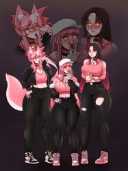 Rule 34 | 3girls, absurdres, alternate costume, animal ears, baseball cap, black pants, buckle, chain, choker, commentary, commission, denim, english commentary, fate/extra, fate/extra ccc, fate/grand order, fate (series), fellatio gesture, fox ears, fox girl, fox tail, fraankyy, glasses, gloves, grin, hand on own hip, hat, highres, hood, hoodie, imminent penetration, jacket, jeans, jewelry, koyanskaya (fate), long hair, looking at viewer, medb (fate), multiple girls, necklace, pants, pink hair, ponytail, ring, sessyoin kiara, shoes, smile, smug, standing, straight hair, tail, tamamo (fate), thick thighs, thighs, wide hips, yellow eyes