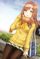 Rule 34 | 1girl, :o, absurdres, artist name, artist request, bag, blue sky, blush, breasts, brown eyes, brown hair, carrying bag, cloud, eyebrows, female focus, grey skirt, hair between eyes, headband, highres, holding, holding clothes, holding scarf, inanaki shiki, kunikida hanamaru, light brown hair, long hair, long sleeves, looking at viewer, love live!, love live! sunshine!!, matching hair/eyes, miniskirt, orange scarf, outdoors, pantyhose, parted lips, pleated skirt, scarf, school uniform, skirt, sky, sleeves past wrists, small breasts, solo, sweater, yellow eyes