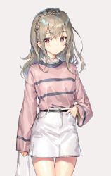 Rule 34 | 1girl, arm at side, belt, blush, braid, closed mouth, cowboy shot, crown braid, earrings, grey background, high-waist skirt, highres, holding, jewelry, long hair, long sleeves, looking at viewer, momoko (momopoco), original, pink eyes, pink shirt, ribbon, shiny skin, shirt, simple background, skirt, sleeves past wrists, solo, standing, striped clothes, striped shirt, tareme, thighs, white skirt, wrist ribbon