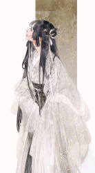 Rule 34 | 1girl, black hair, chinese clothes, double bun, from side, hair bun, hair ornament, hair tie, hanfu, ibuki satsuki, long hair, long sleeves, looking to the side, original, sash, solo, third-party source, two-tone background