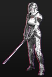 Rule 34 | 1girl, absurdres, animification, blood, blood on face, blood stain, body armor, boots, breasts, dark background, dune (2021 movie), dune (series), energy barrier, energy shield, facepaint, helmet, highres, holding, holding sword, holding weapon, medium breasts, orangefox, sardaukar, science fiction, soldier, solo, spacesuit, sword, weapon