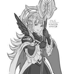 Rule 34 | 1girl, armor, cape, character name, crown, feather trim, fire emblem, fire emblem heroes, gloves, greyscale, hair ornament, holding, holding staff, krazehkai, long hair, long sleeves, monochrome, parted lips, shoulder armor, simple background, solo, staff, veronica (fire emblem), white background, wide sleeves
