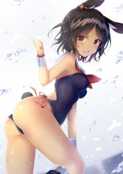 Rule 34 | 1girl, :d, animal ears, ass, azur lane, backless outfit, bare shoulders, black one-piece swimsuit, blush, breasts, brown eyes, brown hair, commentary request, dark-skinned female, dark skin, hair between eyes, hand up, highres, i-26 (azur lane), index finger raised, looking at viewer, looking to the side, medium breasts, neckerchief, one-piece swimsuit, open mouth, parted bangs, rabbit ears, rabbit tail, red neckerchief, red ribbon, ribbon, ribbon-trimmed swimsuit, ribbon trim, round teeth, sailor collar, shiiba nae, short hair, smile, solo, swimsuit, tail, teeth, upper teeth only, v-shaped eyebrows, water drop, white sailor collar, wrist cuffs