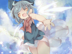 Rule 34 | 1girl, bad id, bad pixiv id, blue hair, blush, bow, cirno, cloud, day, detached wings, closed eyes, hair bow, ice, ice wings, masirosu, open mouth, outstretched hand, short hair, sky, sleeveless, solo, touhou, wings