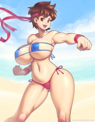 Rule 34 | 1girl, bikini, breasts, brown eyes, brown hair, cleavage, day, headband, kasugano sakura, large breasts, navel, open mouth, short hair, smile, solo, standing, street fighter, supersatanson, swimsuit, thick thighs, thighs, wide hips, wristband