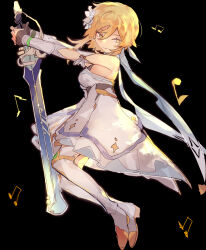 Rule 34 | 1girl, black background, black gloves, blonde hair, boots, breasts, closed mouth, detached sleeves, dress, flower, full body, genshin impact, gloves, hair between eyes, hair flower, hair ornament, highres, holding, holding sword, holding weapon, looking at viewer, lumine (genshin impact), medium breasts, musical note, partially fingerless gloves, room rem, short hair with long locks, solo, sword, thigh boots, weapon, white dress, white flower, white footwear, yellow eyes