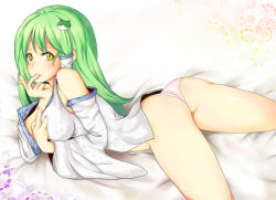 Rule 34 | 1girl, areola slip, ass, breasts, detached sleeves, female focus, finger in own mouth, frog, gradient background, green hair, kochiya sanae, lying, no pants, non-web source, panties, solo, touhou, underwear, white background, yellow eyes