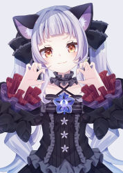Rule 34 | 1girl, absurdres, animal ear fluff, animal ears, bare shoulders, black bow, black dress, black sleeves, blunt bangs, bow, cat ears, claw pose, closed mouth, collarbone, commentary request, criss-cross halter, detached sleeves, dress, frilled bow, frilled dress, frills, gothic lolita, grey background, hair bow, halterneck, hands up, head tilt, highres, hololive, lolita fashion, long hair, long sleeves, looking at viewer, murasaki shion, murasaki shion (gothic lolita), sapphire (sapphire25252), silver hair, simple background, smile, solo, striped, striped bow, twintails, upper body, very long hair, virtual youtuber