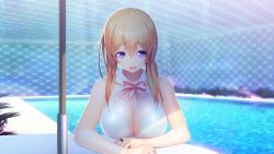 Rule 34 | 1girl, aso kiriri, bare arms, bare shoulders, bikini, blonde hair, blue eyes, bow, braid, breasts, cleavage, collarbone, detached collar, game cg, jewelry, large breasts, long hair, looking at viewer, nitroplus, oosaki shin&#039;ya, open mouth, pool, ring, shiny clothes, shiny skin, single braid, sitting, solo, swimsuit, table, tokyo necro, upper body, water