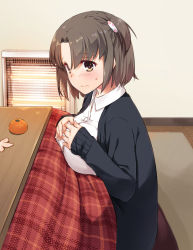 Rule 34 | 1girl, black jacket, blush, breasts, brown eyes, brown hair, closed mouth, collared shirt, commentary request, covering privates, covering breasts, dress shirt, fingernails, food, forehead, fruit, hair ornament, ikugawa mayuri, indoors, jacket, kotatsu, large breasts, long sleeves, looking at viewer, mandarin orange, nakajima yuka, one side up, original, paid reward available, parted bangs, photoshop (medium), plaid, shirt, short hair, sitting, sleeves past wrists, solo, table, undressing, wavy mouth, white shirt