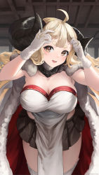 Rule 34 | 1girl, absurdres, ahoge, anila (granblue fantasy), artist name, blacktail hihi, blonde hair, blunt bangs, breasts, brown eyes, ceiling, cleavage, commentary request, granblue fantasy, head tilt, highres, horns, indoors, large breasts, leaning forward, long hair, looking at viewer, open mouth, pleated skirt, skirt, solo, tareme, thick eyebrows
