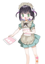 Rule 34 | 1girl, apron, bandaid, bandaid on face, bandaid on leg, bandaid on neck, black bow, black hair, blush, blush stickers, bow, frilled apron, frills, gradient hair, green eyes, heart, holding, holding paper, maid, maid headdress, medium hair, mole, mole under eye, multicolored hair, nishizawa, open mouth, original, paper, purple hair, simple background, smile, solo, twintails, two-tone hair, white background