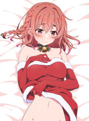 Rule 34 | 1girl, absurdres, bare shoulders, bed sheet, bell, black choker, blush, braid, breasts, choker, christmas, closed mouth, collarbone, commentary request, dress, elbow gloves, gloves, green ribbon, groin, hand on own chest, highres, kanojo okarishimasu, kiikii (kitsukedokoro), lying, medium breasts, navel, neck bell, neck ribbon, on back, out-of-frame censoring, red dress, red eyes, red gloves, red hair, ribbon, sakurasawa sumi, santa costume, short hair, single braid, solo