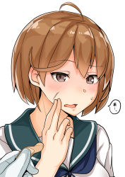 Rule 34 | 1girl, 1other, blue neckerchief, blue sailor collar, brown eyes, brown hair, commentary request, facial scar, highres, holding bandaid, kantai collection, looking at viewer, neckerchief, oboro (kancolle), open mouth, sailor collar, scar, scar on cheek, scar on face, school uniform, serafuku, short hair, simple background, takasugi heppu, upper body, white background