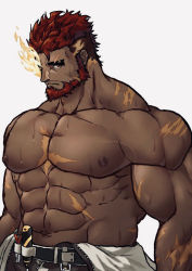 Rule 34 | 1boy, abs, bara, bare pectorals, beard, eyebrow cut, facial hair, flaming eye, hephaestus (housamo), large pectorals, looking at viewer, male focus, muscular, navel, nipples, pectorals, red hair, scar, short hair, solo, sweat, thick eyebrows, tokyo houkago summoners, topless male, upper body, vatto (1997522adachi), white background