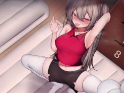 Rule 34 | armpits, blush, grey hair, gym shorts, gym storeroom, gym uniform, highres, naughty face, re:ia, red eyes, shirt, shorts, smile, solo, spread legs, thighhighs, tongue, tongue out, twintails