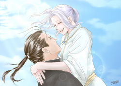 Rule 34 | 2boys, :d, arslan, arslan senki, blue sky, brown hair, cloud, daryoon, dated, day, earrings, closed eyes, gem, glint, highres, hug, jewelry, lifting person, looking at another, male focus, multiple boys, necklace, open mouth, outdoors, ponytail, profile, risuusagi2, sky, smile, stud earrings, upper body, white hair, yaoi