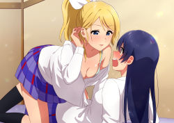 Rule 34 | 2girls, absurdres, ayase eli, blonde hair, blue eyes, blue hair, blush, breasts, cleavage, commentary request, eye contact, hair ribbon, hand in own hair, highres, long hair, long sleeves, looking at another, love live!, love live! school idol project, multiple girls, nanatsu no umi, open mouth, otonokizaka school uniform, partially unbuttoned, ponytail, ribbon, school uniform, shirt, sonoda umi, swept bangs, white shirt, yellow eyes, yuri