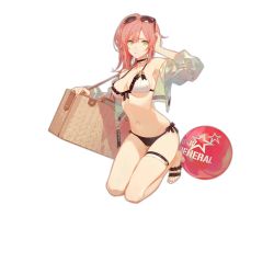 Rule 34 | 1girl, armpits, ask (askzy), ball, bare shoulders, beachball, bikini, bikini bottom only, black bikini, breasts, cleavage, closed mouth, collarbone, cropped jacket, eyewear on head, feet, full body, girls&#039; frontline, green eyes, hair between eyes, hand on own head, high heels, holding, jacket, long hair, looking at viewer, medium breasts, navel, off shoulder, official alternate costume, official art, open clothes, open jacket, pink hair, r93 (girls&#039; frontline), r93 (holiday lucky star) (girls&#039; frontline), sandals, side-tie bikini bottom, side ponytail, sidelocks, solo, stomach, sunglasses, sunglasses on head, swimsuit, thigh strap, tinted eyewear, toes, transparent background