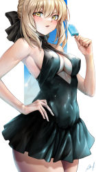 Rule 34 | 1girl, artoria pendragon (all), artoria pendragon (alter swimsuit rider) (fate), artoria pendragon (alter swimsuit rider) (first ascension) (fate), artoria pendragon (fate), bare arms, bare shoulders, black bow, black one-piece swimsuit, blonde hair, bow, breasts, casual one-piece swimsuit, cleavage cutout, clothing cutout, covered erect nipples, fate/grand order, fate (series), female focus, food, hair bow, highres, holding, holding food, kos-owl, medium breasts, melting, one-piece swimsuit, open mouth, popsicle, saber alter, short hair, sidelocks, signature, solo, swimsuit, wet, wet clothes, yellow eyes