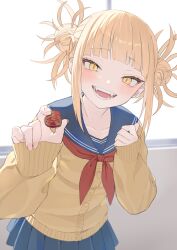 Rule 34 | 1girl, blonde hair, blue sailor collar, blue skirt, blunt bangs, blush, boku no hero academia, candy, cardigan, chocolate, chocolate heart, commentary request, double bun, fangs, fingernails, food, hair bun, hand up, heart, highres, holding, holding food, indoors, kiina (mrnsor), leaning forward, long fingernails, long sleeves, looking at viewer, messy hair, neckerchief, open mouth, outstretched arm, pleated skirt, red neckerchief, sailor collar, school uniform, short hair, sidelocks, skirt, sleeves past wrists, slit pupils, smile, solo, teeth, toga himiko, window, yellow cardigan, yellow eyes