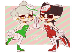 Rule 34 | + +, 2018, 2girls, ;d, alternate color, ankle boots, bare shoulders, boots, breasts, callie (splatoon), coula cat, cousins, detached sleeves, dress, earrings, food, food on head, full body, gloves, green dress, green footwear, green hair, hair rings, inkling, jewelry, jumpsuit, leg up, long hair, looking at viewer, marie (splatoon), mole, mole under eye, multicolored hair, multiple girls, nintendo, object on head, one eye closed, open mouth, pantyhose, pointy ears, red footwear, red hair, red jumpsuit, short dress, short hair, short jumpsuit, silver hair, small breasts, smile, splatoon (series), splatoon 1, strapless, strapless dress, symbol-shaped pupils, tentacle hair, two-tone hair, very long hair, white gloves, white legwear, yellow eyes