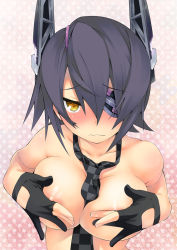 Rule 34 | 10s, 1girl, between breasts, black hair, blush, breasts, checkered clothes, checkered necktie, checkered neckwear, covering privates, covering breasts, eyepatch, fingerless gloves, gloves, headgear, iwasaki takashi, kantai collection, large breasts, necktie, partially fingerless gloves, personification, polka dot, polka dot background, short hair, solo, tenryuu (kancolle), yellow eyes