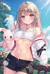 Rule 34 | 1girl, aria (ariacue), arm support, armpit crease, ayaginu temari, bare shoulders, black shorts, blue sky, blush, breasts, brown hair, bush, closed mouth, cloud, colored inner hair, commentary request, cowboy shot, crop top, cropped jacket, day, earrings, flower, flower knot, hair ornament, heart, heart necklace, highres, holding, holding stuffed toy, isekai tensei shite v ni narimashita, jacket, jewelry, light rays, long hair, long sleeves, looking at viewer, medium breasts, midriff, mole, mole under eye, multicolored hair, navel, necklace, off shoulder, open clothes, open fly, open jacket, outdoors, pink eyes, pink flower, pink hair, pink rose, rabbit earrings, railing, ribbed shirt, rose, shirt, short shorts, shorts, sky, sleeveless, sleeveless shirt, smile, solo, spaghetti strap, stuffed animal, stuffed rabbit, stuffed toy, sunbeam, sunlight, tree, two-tone hair, underboob, virtual youtuber, white jacket, white shirt