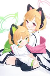 Rule 34 | 2girls, absurdres, animal ear headphones, animal ears, aqua bow, black thighhighs, blonde hair, blue archive, blush, bow, cat tail, closed mouth, cobe, fake animal ears, green eyes, green halo, hair bow, halo, headphones, highres, jacket, long sleeves, midori (blue archive), momoi (blue archive), multiple girls, open mouth, pink halo, red bow, red eyes, shirt, short hair, siblings, simple background, sisters, smile, tail, thighhighs, twins, white background, white jacket, white shirt