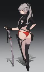 Rule 34 | 1girl, absurdres, ass, bikini, black footwear, black gloves, black shirt, black thighhighs, chinese commentary, closed mouth, crop top, crop top overhang, fingerless gloves, from behind, full body, gloves, grey hair, hair ornament, hairclip, hand on own hip, highres, katana, lance (lancelliu), long hair, looking at viewer, looking back, midriff, no pants, original, ponytail, red bikini, red eyes, sheath, shirt, shoes, short sleeves, side-tie bikini bottom, sidelocks, single thighhigh, skindentation, solo, standing, string bikini, swimsuit, sword, tassel, thigh strap, thighhighs, thighs, unsheathed, weapon