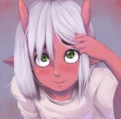 Rule 34 | 1girl, akiosketch, closed mouth, colored skin, commentary, english commentary, fang, fang out, green eyes, grey background, grey hair, hand up, highres, horns, leaning forward, looking at viewer, momo (ignacio penailillo), oni, oni horns, original, pointy ears, red skin, shirt, short hair, short sleeves, solo, upper body, white shirt