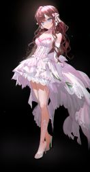 Rule 34 | 1girl, absurdres, black background, breasts, bridal gauntlets, cleavage, dark background, dress, flower, frilled dress, frills, gloves, hair ribbon, high heels, highres, holding, holding flower, ichinose shiki, idolmaster, idolmaster cinderella girls, japanese clothes, lace, lace-trimmed dress, lace trim, long hair, looking afar, medium breasts, moko (moko/moko), pink dress, purple hair, ribbon, simple background, sleeveless, sleeveless dress, smile, solo, white footwear, white gloves