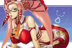 Rule 34 | .hack//, .hack//g.u., 00s, 1girl, bandai, breasts, brown eyes, cleavage, cyber connect 2, covered erect nipples, glasses, huge breasts, long hair, lowres, pi (.hack//), pink hair, revealing clothes, solo, twintails, very long hair