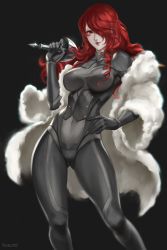 Rule 34 | 1girl, absurdres, black background, bodysuit, coat, covered navel, fur coat, hair over one eye, hand on own hip, highres, kirijou mitsuru, long hair, narrow waist, pale skin, persona, persona 3, persona 4: the ultimate in mayonaka arena, ragecndy, rapier, red eyes, red hair, simple background, skin tight, solo, sword, weapon