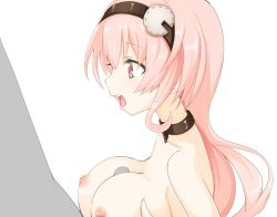 Rule 34 | 1boy, 1girl, bad anatomy, bad id, bad twitter id, blush, breasts, collarbone, compa, hair ornament, hairband, hand on own chest, hetero, large breasts, long hair, looking at another, masturbation, mayou, neptune (series), nipples, niwaka potato, nude, open mouth, orange hair, paizuri, penis, pink eyes, pink hair, red eyes, sex, shin jigen game neptune vii, shiny skin, simple background, upper body, white background
