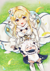 Rule 34 | 2girls, aomidoro (yude aspara), black gloves, blonde hair, blush, breasts, cleavage, closed eyes, detached sleeves, dress, drooling, flower, from above, genshin impact, gloves, grass, hair flower, hair ornament, highres, long sleeves, looking at viewer, lumine (genshin impact), medium breasts, mouth drool, multiple girls, open mouth, paimon (genshin impact), partially fingerless gloves, short hair with long locks, sitting, sleeping, white dress, white flower, white hair, yellow eyes