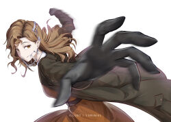 Rule 34 | 1girl, artist name, black gloves, braces, brown coat, brown eyes, brown hair, clenched hand, closed mouth, coat, cowboy shot, curly hair, dress, from side, gloves, highres, incoming attack, incoming punch, long hair, looking at viewer, meme, motion blur, open hand, outstretched arm, pepe punch (meme), punching, red dress, reverse:1999, smile, solo, tooth fairy (reverse:1999), turning head, white background, yuriniel