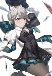 Rule 34 | 1girl, animal ear fluff, animal ears, aqua bow, black footwear, black leotard, blush, bow, breasts, card, cat ears, cat girl, cat tail, cleavage, closed mouth, facial mark, frilled leotard, frills, genshin impact, gloves, grey hair, hat, highres, holding, holding clothes, holding hat, huge bow, leotard, long hair, long sleeves, looking at viewer, lynette (genshin impact), medium breasts, pantyhose, purple eyes, simple background, solo, star (symbol), star facial mark, tail, thighs, top hat, uha, white background