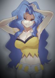 Rule 34 | 1girl, absurdres, arms up, blue hair, blurry, breasts, cleavage, commentary request, cowboy shot, creatures (company), elite four, eyelashes, forehead, game freak, grey background, grey eyes, grin, hair intakes, hands in hair, highres, huge filesize, karen (pokemon), long hair, looking at viewer, midriff, momihige, navel, nintendo, pants, parted bangs, parted lips, pokemon, pokemon hgss, shaded face, shirt, simple background, smile, solo, very long hair, white pants, yellow shirt