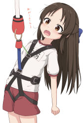 Rule 34 | 1girl, blue bow, blush, bow, brown eyes, brown hair, bungee jumping, check translation, commentary request, forehead, gym shirt, gym shorts, gym uniform, hair bow, highres, idolmaster, idolmaster cinderella girls, idolmaster cinderella girls u149, long hair, name tag, open mouth, parted bangs, puffy short sleeves, puffy sleeves, red shorts, revision, shirt, short shorts, short sleeves, shorts, simple background, solo, tachibana arisu, takasuma hiro, tears, translated, translation request, very long hair, wavy mouth, white background, white shirt