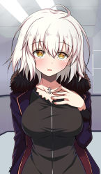 Rule 34 | 1girl, :o, ahoge, black dress, breasts, collarbone, dress, fate/apocrypha, fate (series), fur-trimmed jacket, fur-trimmed sleeves, fur trim, hand on own chest, highres, indoors, jacket, jeanne d&#039;arc (fate), jeanne d&#039;arc alter (fate), jeanne d&#039;arc alter (ver. shinjuku 1999) (fate), jewelry, large breasts, long sleeves, looking at viewer, necklace, official alternate costume, open clothes, open jacket, open mouth, pendant, purple jacket, short hair, solo, tokitoki (commando), upper body, white hair, yellow eyes