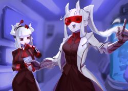 Rule 34 | 2girls, :d, absurdres, bad id, bad pixiv id, black neckwear, black vest, blurry, breasts, business suit, cowboy shot, crumbs, demon girl, depth of field, formal, glasses, gloves, goggles, helltaker, high ponytail, highres, horns, lab coat, looking at viewer, loremaster (helltaker), lucifer (helltaker), mechanical arms, medium breasts, mole, mole under eye, multiple girls, necktie, open mouth, ponytail, red-tinted eyewear, red-tinted glasses, red eyes, red gloves, red shirt, shirt, smile, suit, sunglasses, test tube, tinted eyewear, vest, visor, white hair, white horns, zizi (zhouyi)