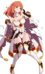Rule 34 | 1girl, armor, bare shoulders, blush, breastplate, breasts, cape, celica (fire emblem), cleavage, commentary request, dress, earrings, fingerless gloves, fire emblem, fire emblem echoes: shadows of valentia, gloves, gluteal fold, hairband, holding, holding sword, holding weapon, jewelry, large breasts, long hair, looking at viewer, nintendo, off-shoulder dress, off shoulder, open mouth, panties, red eyes, red hair, simple background, skirt, solo, sword, thighhighs, tiara, torn cape, torn clothes, torn skirt, torn thighhighs, underwear, weapon, white armor, white background, white panties, yuuri (orz commushows)