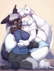 Rule 34 | 2girls, animal ear fluff, animal ears, animal feet, animal nose, arctic fox (kemono friends), black fur, black hair, blush, body fur, bow, bowtie, breasts, capelet, claws, face-to-face, fangs, fox ears, fox girl, fox tail, from side, full body, furrification, furry, furry female, grey fur, grey hair, hair between eyes, highres, hug, jacket, kemono friends, kneeling, large breasts, leg between thighs, long hair, long sleeves, looking at another, miniskirt, mo23, multicolored hair, multiple girls, open mouth, paid reward available, pleated skirt, silver fox (kemono friends), sitting, skirt, smile, snout, tail, two-tone fur, two-tone hair, very long hair, wariza, white fur, white hair, yellow eyes