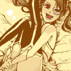 Rule 34 | 00s, 1girl, arrancar, artist request, bleach, loly aivirrne, long hair, lowres, lying, monochrome, oekaki, on back, open mouth, red eyes, skirt, skull, sleeveless, smile, solo, spot color, thighhighs, thighs, twintails
