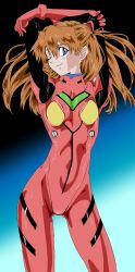 Rule 34 | 1girl, absurdres, arms up, blush, bodysuit, breasts, brown hair, curvy, eywy4324, floating hair, gradient background, hair between eyes, hair ornament, highres, long hair, looking at viewer, medium breasts, neon genesis evangelion, one eye closed, pilot suit, plugsuit, red bodysuit, shiny clothes, shiny skin, simple background, skin tight, small breasts, smile, solo, souryuu asuka langley, standing, two side up, very long hair, wide hips, wink